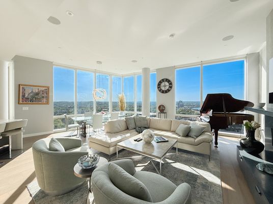Dining room, Interior, Living room, Pendant Lights, Piano, Recessed Lighting, Water, Wood Texture Flooring