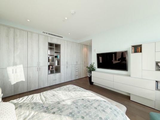 Bedroom, Interior, Recessed Lighting, Wood Texture Flooring