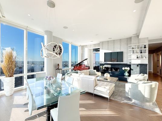 Dining room, Fireplace, Interior, Living room, Pendant Lights, Piano, Recessed Lighting, Wood Texture Flooring