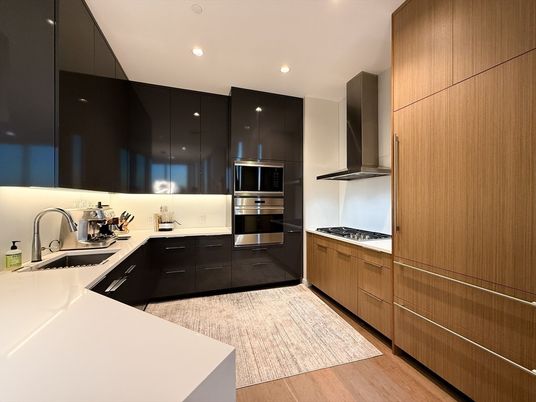 Interior, Kitchen, Recessed Lighting, Stainless Steel Appliances, Wood Texture Flooring