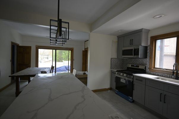 Interior, Kitchen, Marble, Pendant Lights, Recessed Lighting, Stainless Steel Appliances