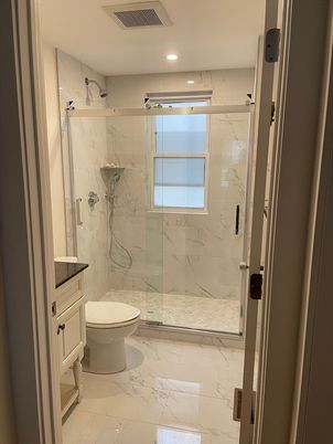 Bathroom, Glass Shower, Interior, Marble, Marble Walls, Recessed Lighting