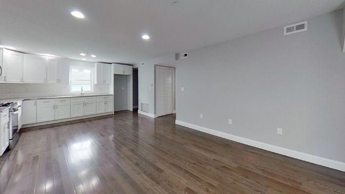 Empty room, Interior, Kitchen, Recessed Lighting, Wood Texture Flooring
