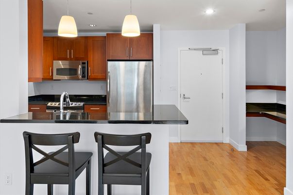Interior, Kitchen, Pendant Lights, Recessed Lighting, Stainless Steel Appliances, Wood Texture Flooring