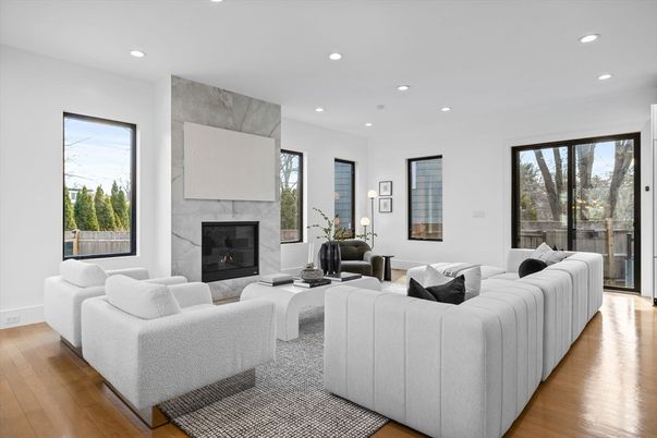 Fireplace, Interior, Living room, Recessed Lighting, Wood Texture Flooring
