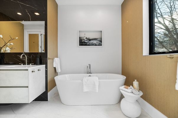 Bathroom, Free Standing Baths, Interior, Marble, Marble Walls, Recessed Lighting