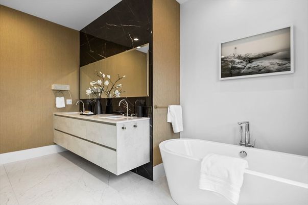 Bathroom, Dual Sink Vanities, Free Standing Baths, Interior, Marble, Marble Walls, Recessed Lighting