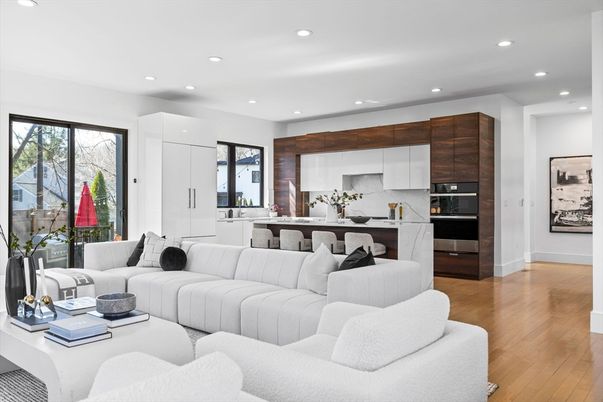 Interior, Kitchen, Living room, Recessed Lighting, Stainless Steel Appliances, Wood Texture Flooring
