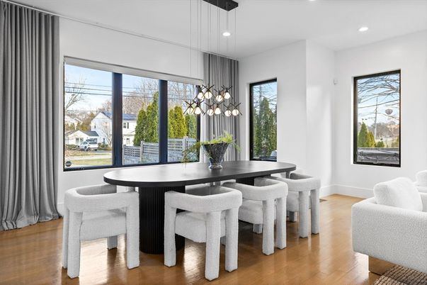 Dining room, Interior, Pendant Lights, Recessed Lighting, Wood Texture Flooring