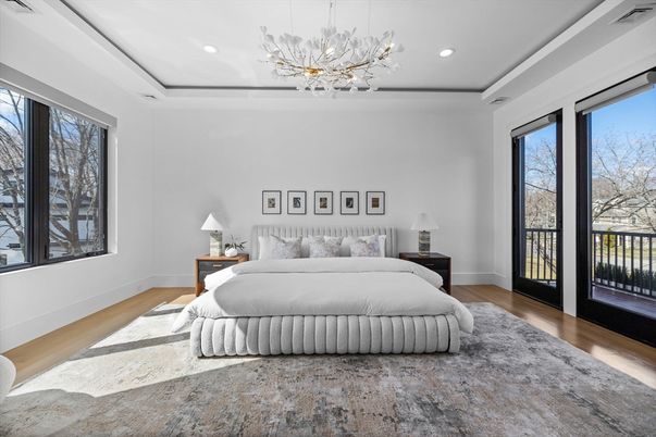 Bedroom, Interior, Pendant Lights, Recessed Lighting, Wood Texture Flooring