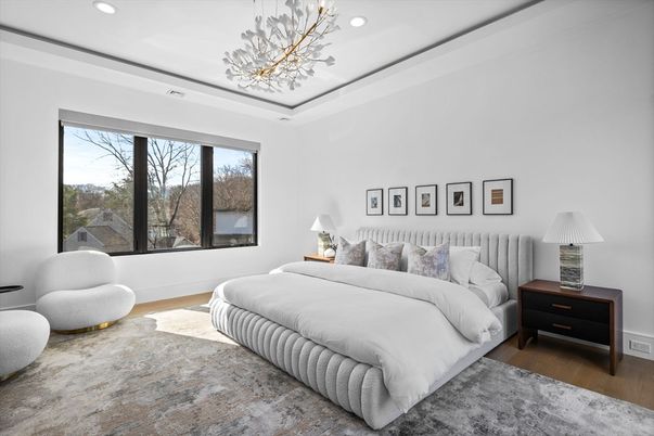 Bedroom, Interior, Pendant Lights, Recessed Lighting, Wood Texture Flooring