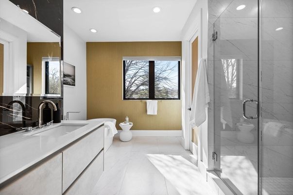 Bathroom, Dual Sink Vanities, Glass Shower, Interior, Marble, Marble Walls, Recessed Lighting