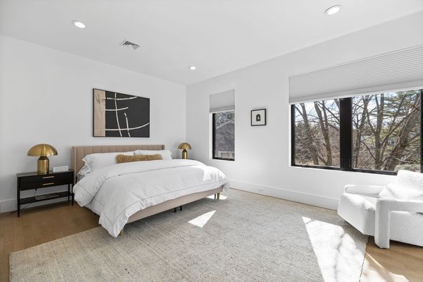 Bedroom, Interior, Recessed Lighting, Wood Texture Flooring