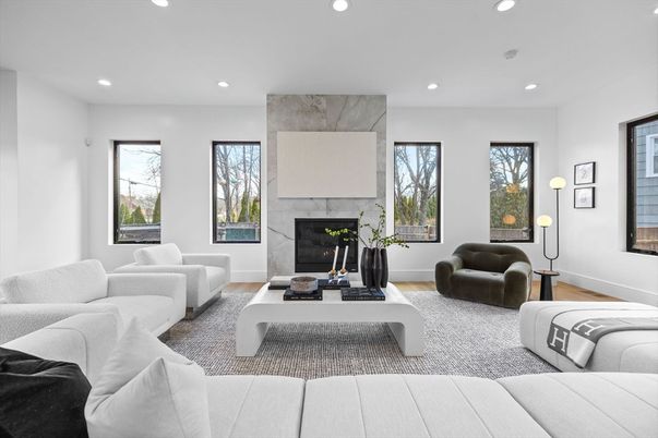 Fireplace, Interior, Living room, Recessed Lighting, Wood Texture Flooring