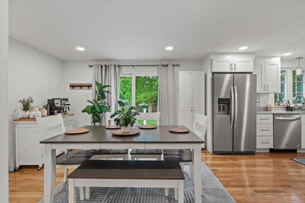 Dining room, Interior, Kitchen, Recessed Lighting, Stainless Steel Appliances, Wood Texture Flooring