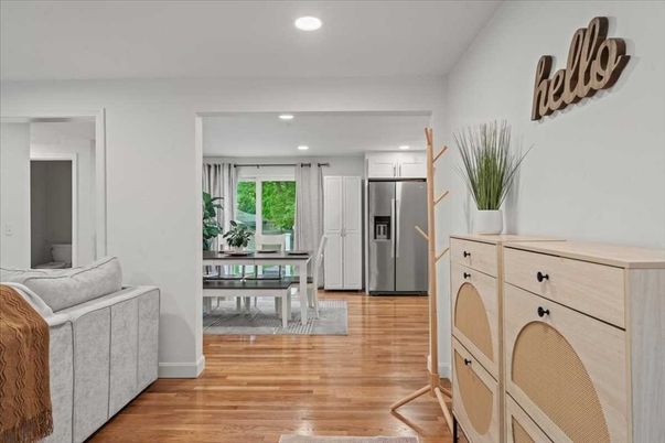 Dining room, Interior, Kitchen, Recessed Lighting, Stainless Steel Appliances, Wood Texture Flooring
