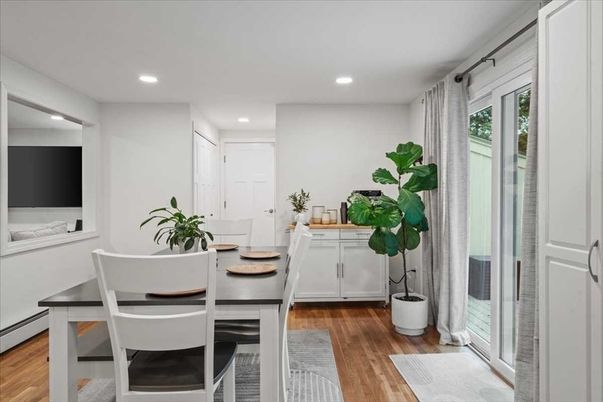 Dining room, Interior, Recessed Lighting, Wood Texture Flooring