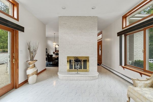 Fireplace, Interior, Marble, Pendant Lights, Recessed Lighting, Stone Walls
