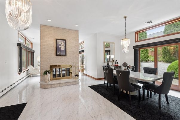 Dining room, Fireplace, Interior, Marble, Pendant Lights, Recessed Lighting