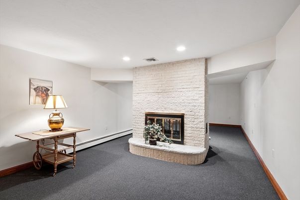 Fireplace, Interior, Recessed Lighting, Stone Walls