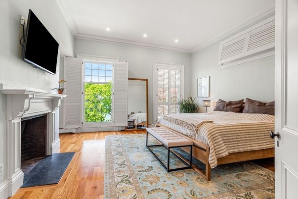 Bedroom, Fireplace, Interior, Recessed Lighting, Wood Texture Flooring