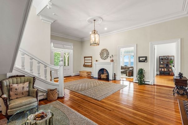 Fireplace, Interior, Pendant Lights, Recessed Lighting, Wood Texture Flooring