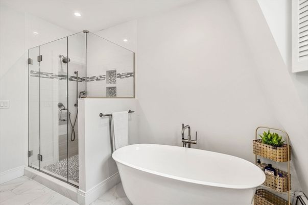 Bathroom, Free Standing Baths, Glass Shower, Interior, Marble, Recessed Lighting