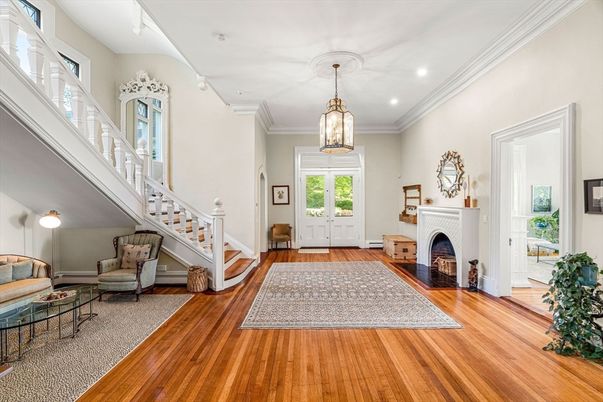 Fireplace, Interior, Pendant Lights, Recessed Lighting, Wood Texture Flooring
