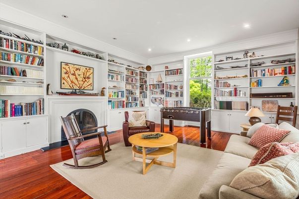 Fireplace, Game Room, Interior, Living room, Recessed Lighting, Wood Texture Flooring