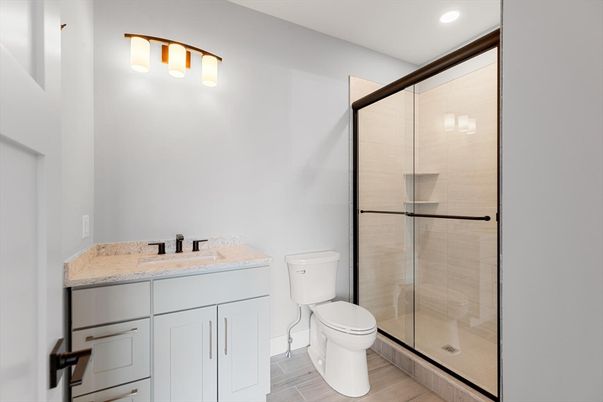 Bathroom, Glass Shower, Interior, Recessed Lighting, Wood Texture Flooring