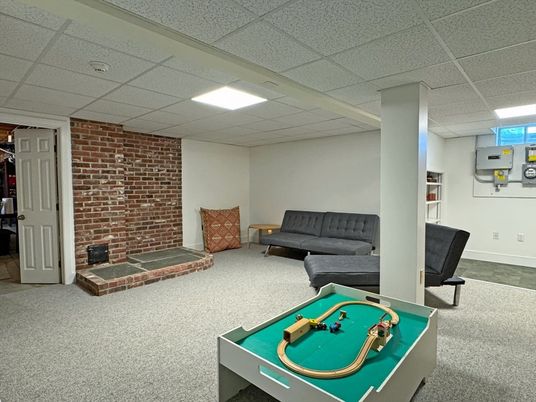 Billiard Table, Game Room, Interior, Recessed Lighting, Stone Walls