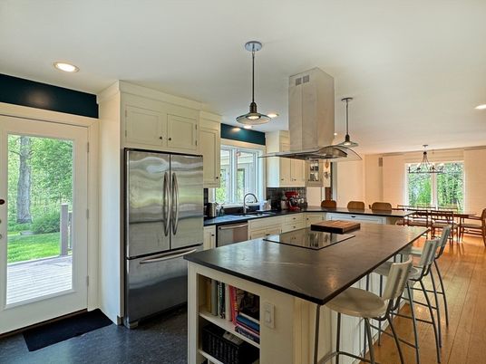 Dining room, Interior, Kitchen, Pendant Lights, Recessed Lighting, Stainless Steel Appliances, Wood Texture Flooring