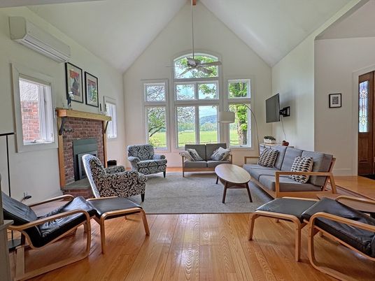 Fireplace, Interior, Living room, Pendant Lights, Wood Texture Flooring