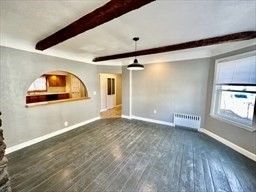 Empty room, Interior, Pendant Lights, Recessed Lighting, Wooden Beams, Wood Texture Flooring