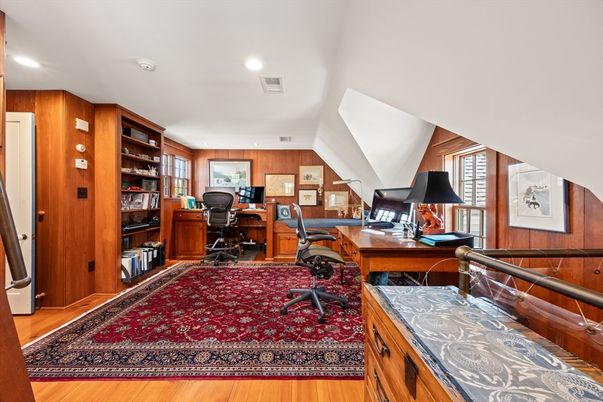Home Office, Interior, Recessed Lighting, Wood Texture Flooring, Wooden Walls