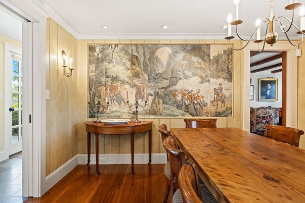 Chandelier, Dining room, Interior, Recessed Lighting, Wood Texture Flooring