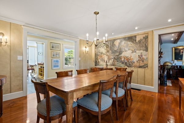 Chandelier, Dining room, Interior, Pendant Lights, Recessed Lighting, Wood Texture Flooring