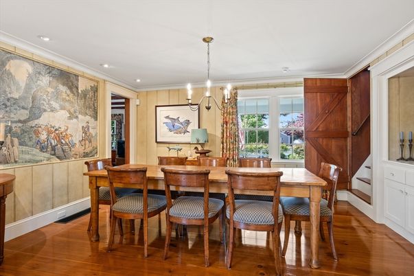 Dining room, Interior, Pendant Lights, Recessed Lighting, Wood Texture Flooring