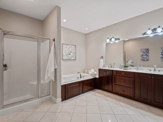 Bathroom, Dual Sink Vanities, Glass Shower, Interior, Recessed Lighting