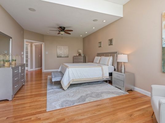 Bedroom, Interior, Recessed Lighting, Wood Texture Flooring