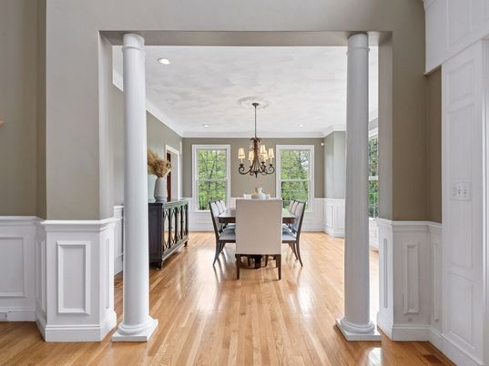 Chandelier, Dining room, Interior, Recessed Lighting, Wood Texture Flooring