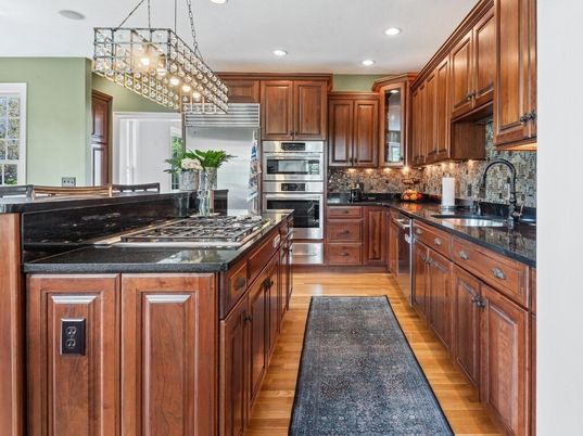 Chandelier, Interior, Kitchen, Pendant Lights, Recessed Lighting, Stainless Steel Appliances, Wood Texture Flooring