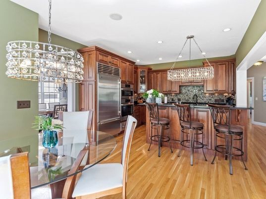 Dining room, Interior, Kitchen, Pendant Lights, Recessed Lighting, Stainless Steel Appliances, Wood Texture Flooring