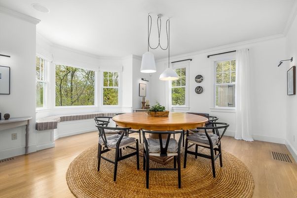 Dining room, Interior, Pendant Lights, Wood Texture Flooring