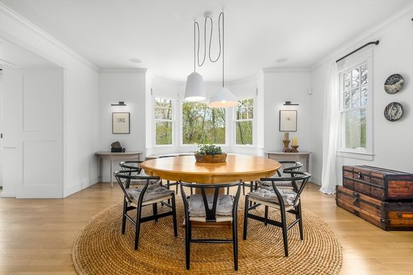 Dining room, Interior, Pendant Lights, Wood Texture Flooring