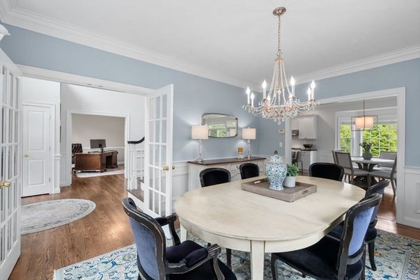Chandelier, Dining room, Interior, Wood Texture Flooring