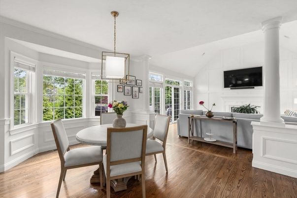 Dining room, Fireplace, Interior, Living room, Pendant Lights, Wood Texture Flooring