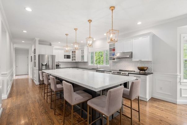 Interior, Kitchen, Pendant Lights, Recessed Lighting, Stainless Steel Appliances, Wood Texture Flooring