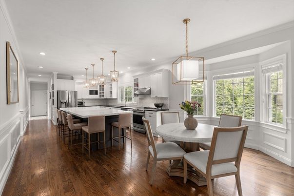 Dining room, Interior, Kitchen, Pendant Lights, Recessed Lighting, Stainless Steel Appliances, Wood Texture Flooring