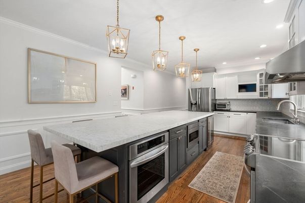 Interior, Kitchen, Pendant Lights, Recessed Lighting, Stainless Steel Appliances, Wood Texture Flooring